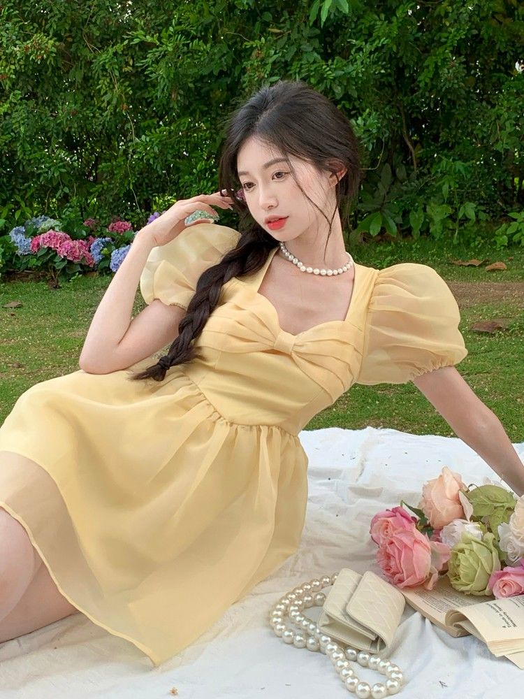 【品牌LALADUDU】法式泡泡袖連衣裙女夏季溫柔收腰氣質蓬蓬公主裙