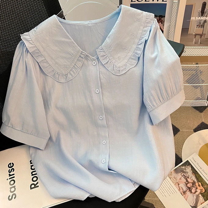 夏季新款簡約百搭短袖刺繡襯衫女洋氣娃娃領單排扣外穿短款上衣