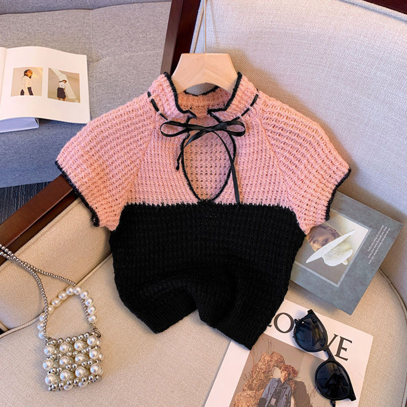 New Chinese style contrasting color hollow sweater sweater short-sleeved women's summer new temperament short T-shirt hot girl top