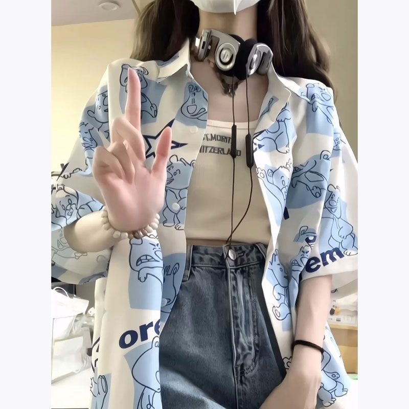Polo領短袖襯衫女小個子夏季洋氣漂亮設計感小眾襯衣港味chic上衣