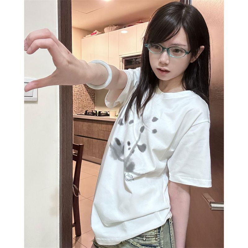 Pure cotton cute cartoon printed short-sleeved T-shirt women's summer mid-length college style student all-match loose top trend