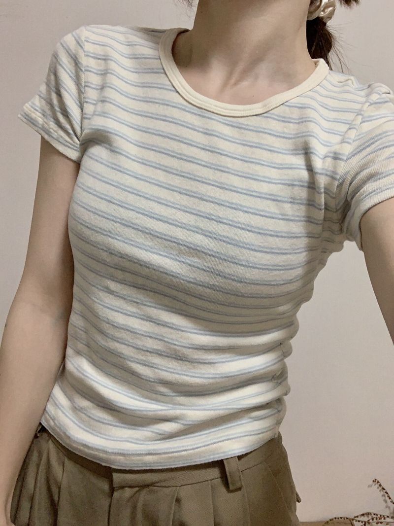 设计感小众百搭圆领休闲条纹T恤女短袖ins夏季新款韩版上衣打底衫