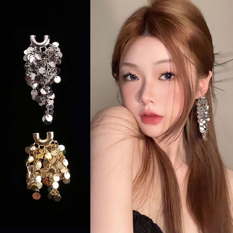 輕奢高級感誇張金屬亮片流蘇耳環女小眾設計時尚2023新款爆款耳飾