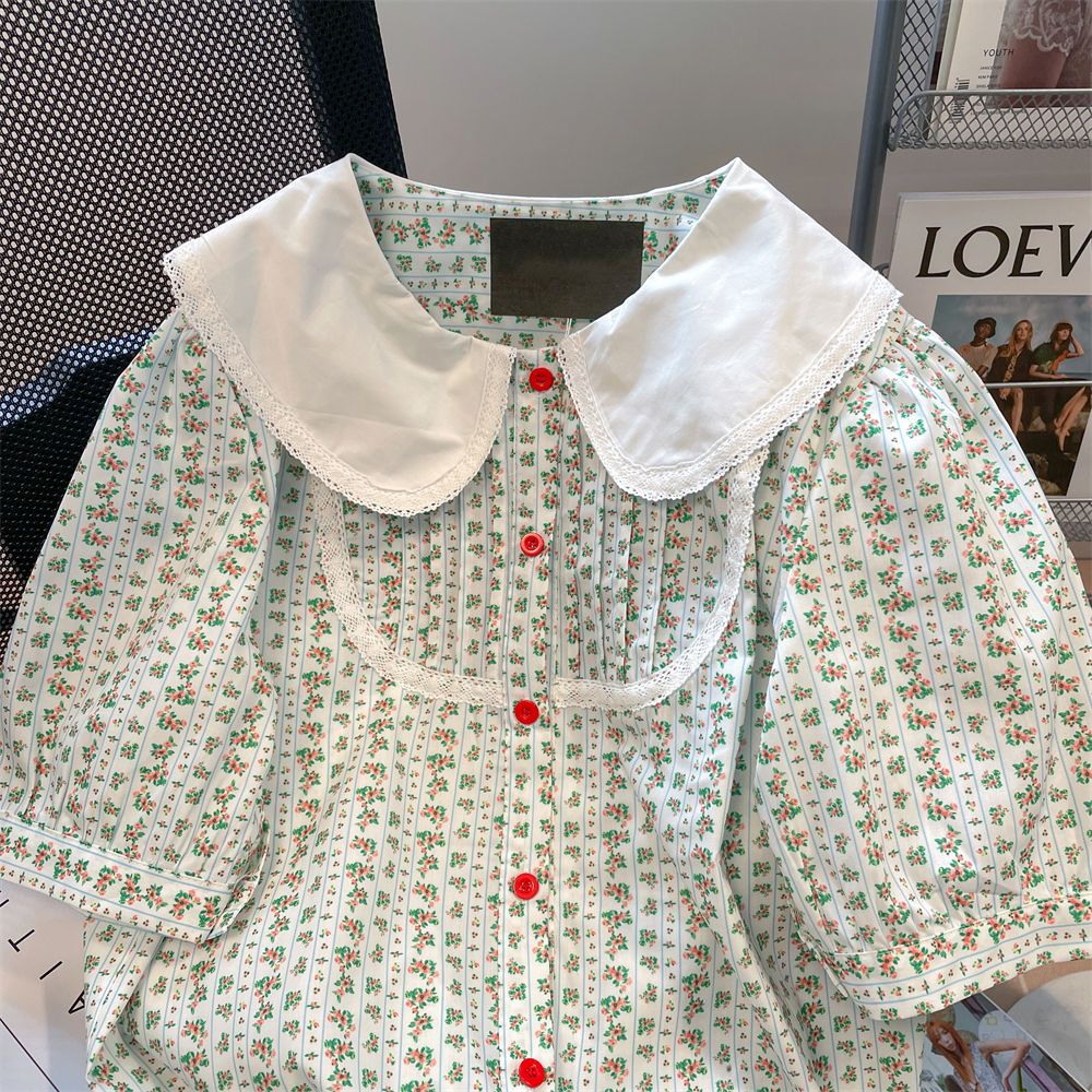 法式温柔碎花娃娃领泡泡袖衬衫女夏季设计感别致漂亮甜美小衫上衣