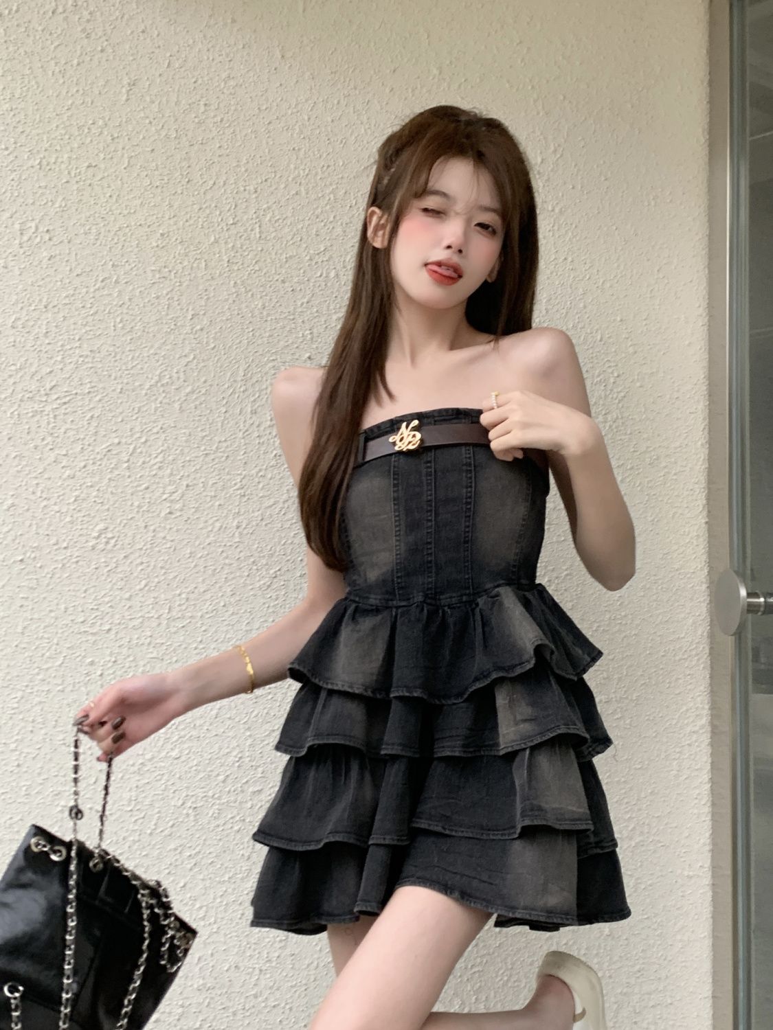 Hot girl sexy tube top denim dress female 2024 new American style high waist slim tight cake skirt tutu skirt