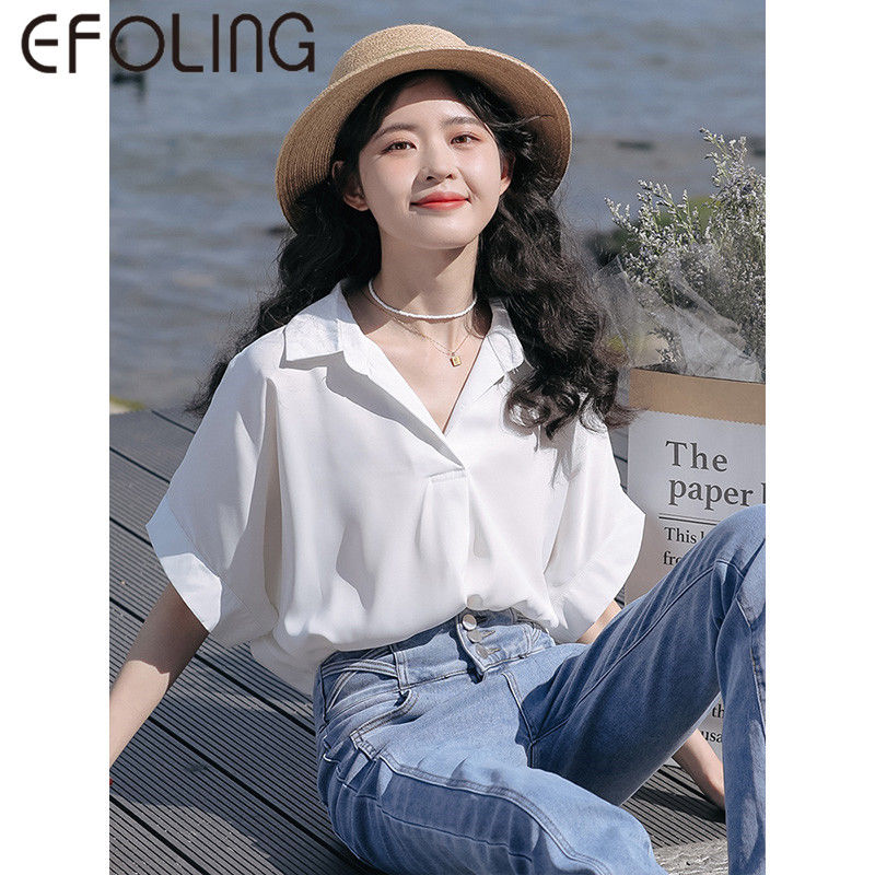 EFOLONG夏季休閒短袖白色襯衫設計感鹽系寬鬆顯瘦韓版v領上衣女