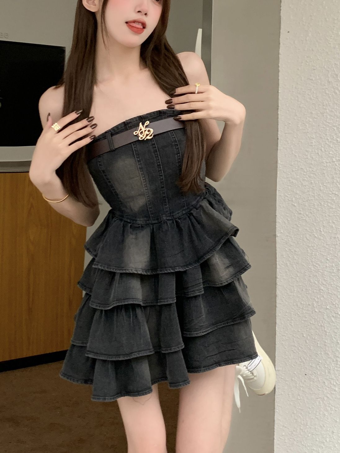 Hot girl sexy tube top denim dress female 2024 new American style high waist slim tight cake skirt tutu skirt