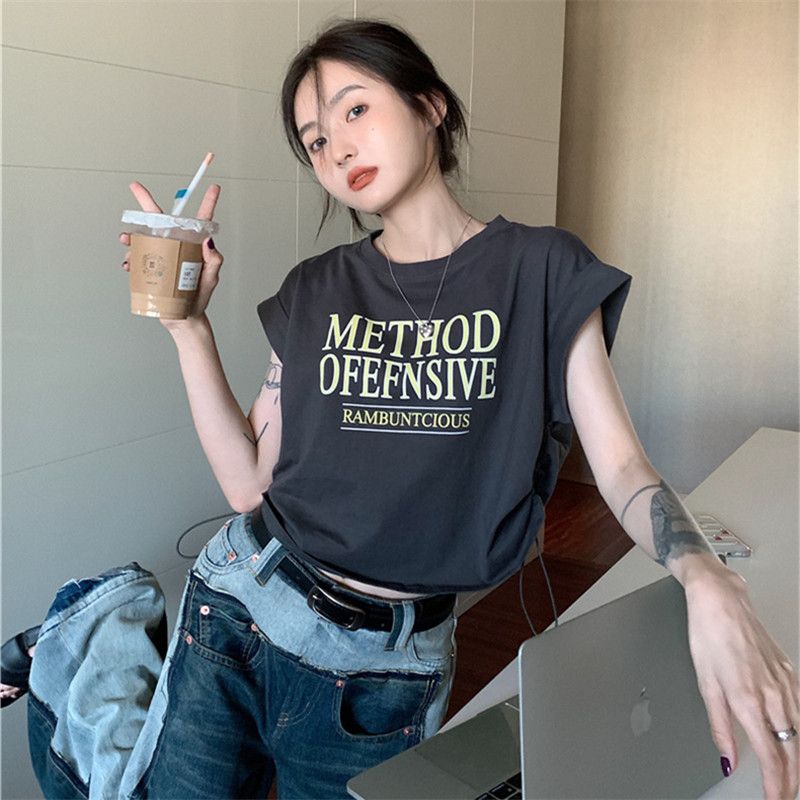 精梳棉短袖美式短款小飛袖上衣辣妹ins抽繩t恤女夏季高腰寬鬆印花