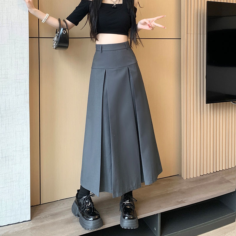 Gray high-waist pleated skirt for women summer 2023 new fat mm niche mid-length A-line umbrella skirt half skirt