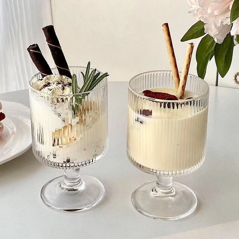 雪糕杯高颜值ins风高脚冰淇淋杯竖纹玻璃杯甜品酸奶慕斯布丁杯子