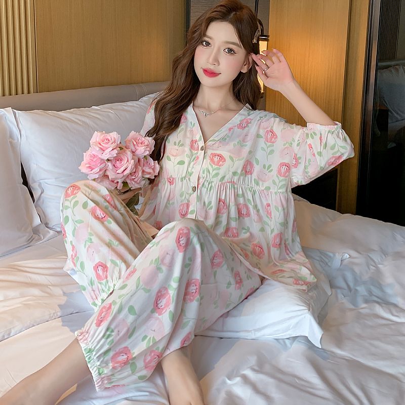 [100% cotton silk] spring and summer new cotton silk pajamas women's loose large size three-quarter sleeve trousers home service suit