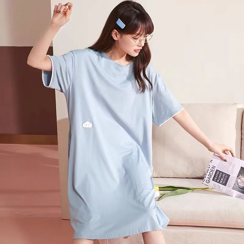 Cotton nightdress female summer thin section short-sleeved pure desire wind pregnant woman large size dress can be worn outside pajamas home service female