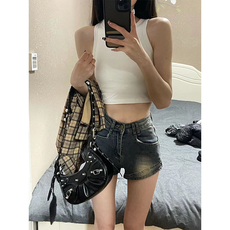 辣妹復古彈力牛仔超短褲女2023夏季大碼胖mm修身顯瘦包臀a字褲子