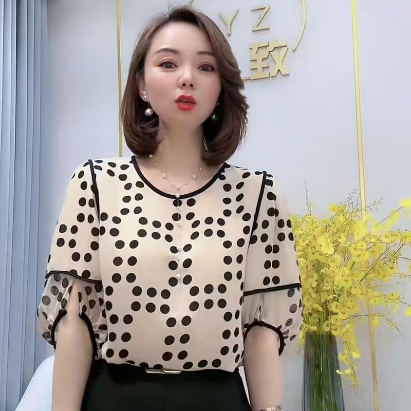 時尚百搭雪紡衫女2023夏季新款氣質圓領減齡寬鬆遮肚子顯瘦上衣女