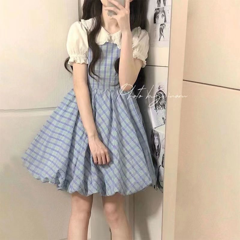 兩件套日系學院風復古藍條紋減齡背帶裙女學生+夏季百搭娃娃領襯