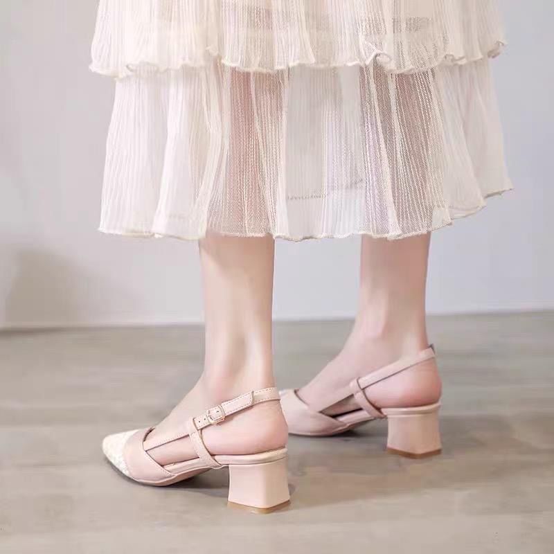 2023 spring new small fragrant style shoes pointy toe chunky heel French shoes with skirt versatile temperament high heel sandals
