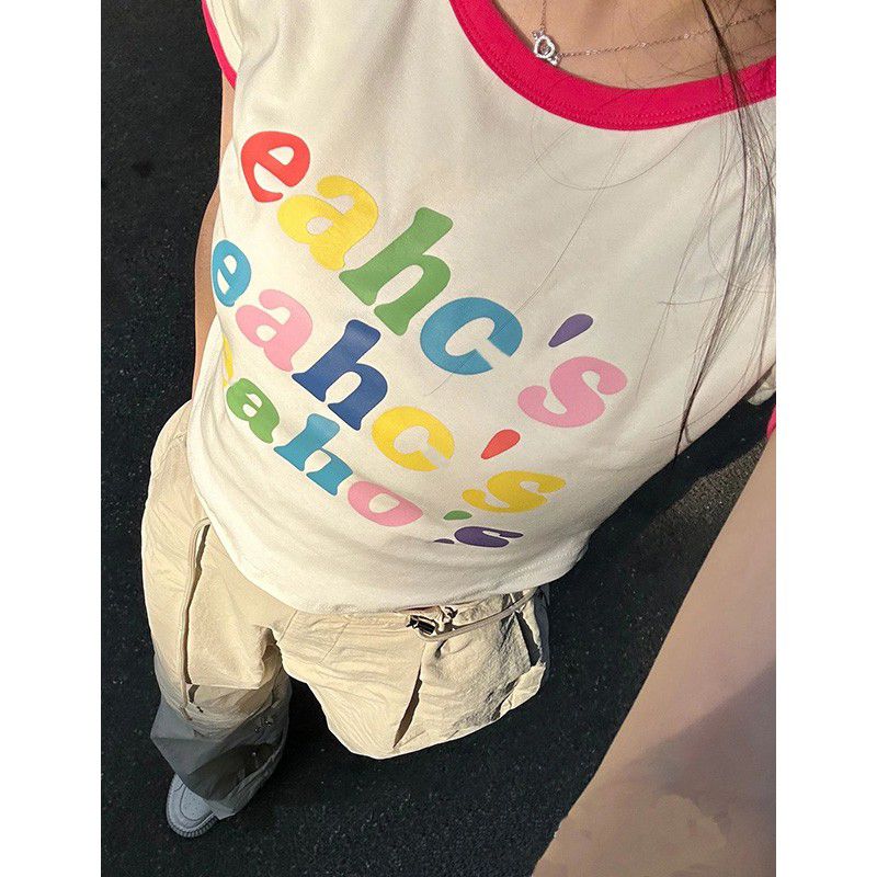 美式复古甜辣妹短款短袖T恤女夏季彩色字母设计感小众ins纯棉上衣