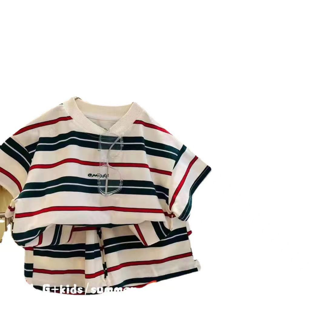 Children's clothing summer cotton suit trendy new boy and girl children's striped all-match short-sleeved shorts all-match two-piece suit