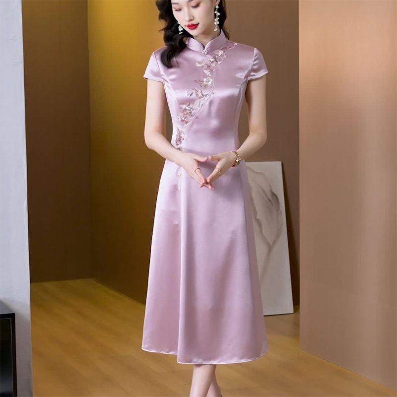  spring and summer new acetic acid embroidery improved cheongsam slimming dress female hi mother-in-law toasting dress