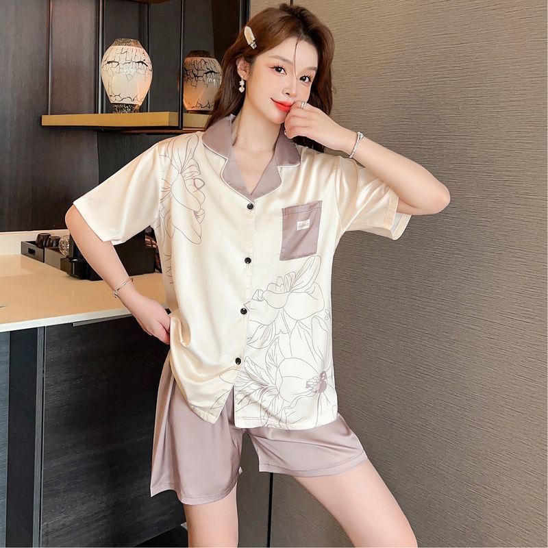 Three-piece suit short-sleeved pajamas women's  new summer Tianbing silk cool feeling large size high-end home service