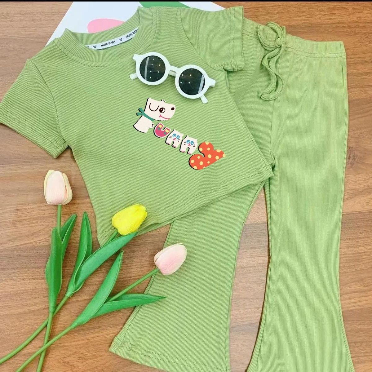 2023 Girls Summer Dress Korean Children's Clothes Baby Girl Western Style Short-sleeved Top + Casual Bell Bottom Pants Trendy Children's Clothing