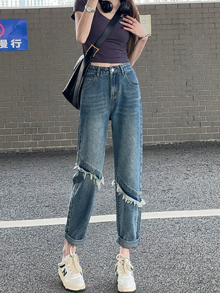 哈倫直筒牛仔褲女2023年春季新款高腰顯瘦寬鬆破洞設計感老爹褲