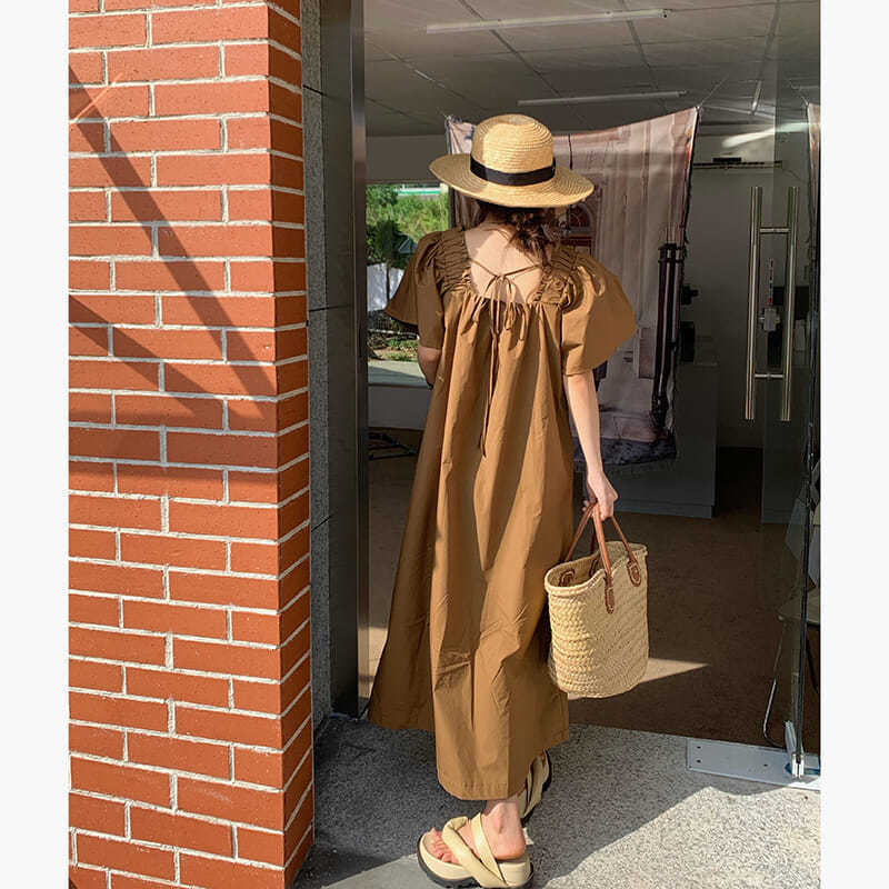 Square collar dress women's summer 20223 holiday style wood ear side tie mid-length loose short-sleeved skirt women