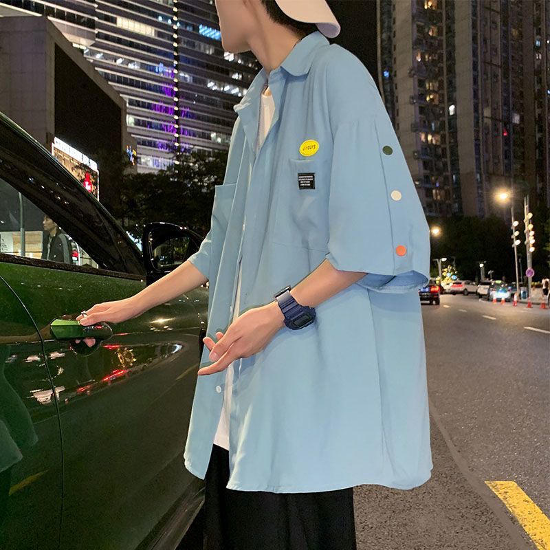 Summer thin button-down short-sleeved shirt men's casual loose all-match trend ins Hong Kong style Japanese style five-quarter sleeve jacket