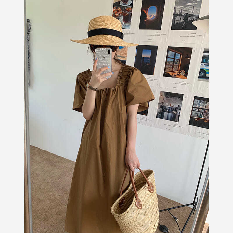 Square collar dress women's summer 20223 holiday style wood ear side tie mid-length loose short-sleeved skirt women