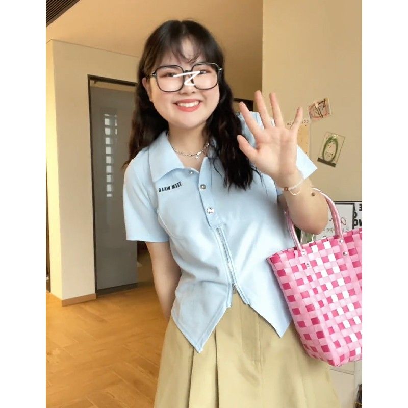大碼正肩T恤女夏季不規則polo領遮肚純欲短袖上衣胖mm半身裙套裝