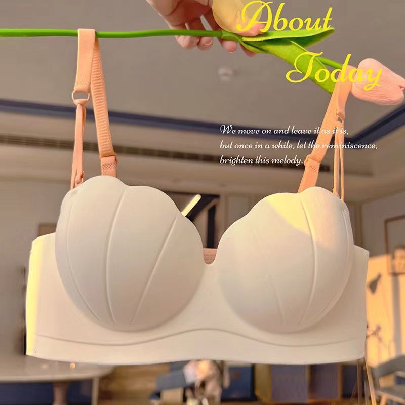 Strapless underwear women's gathered small chest big no steel ring anti-sagging sexy white seamless bra set thick