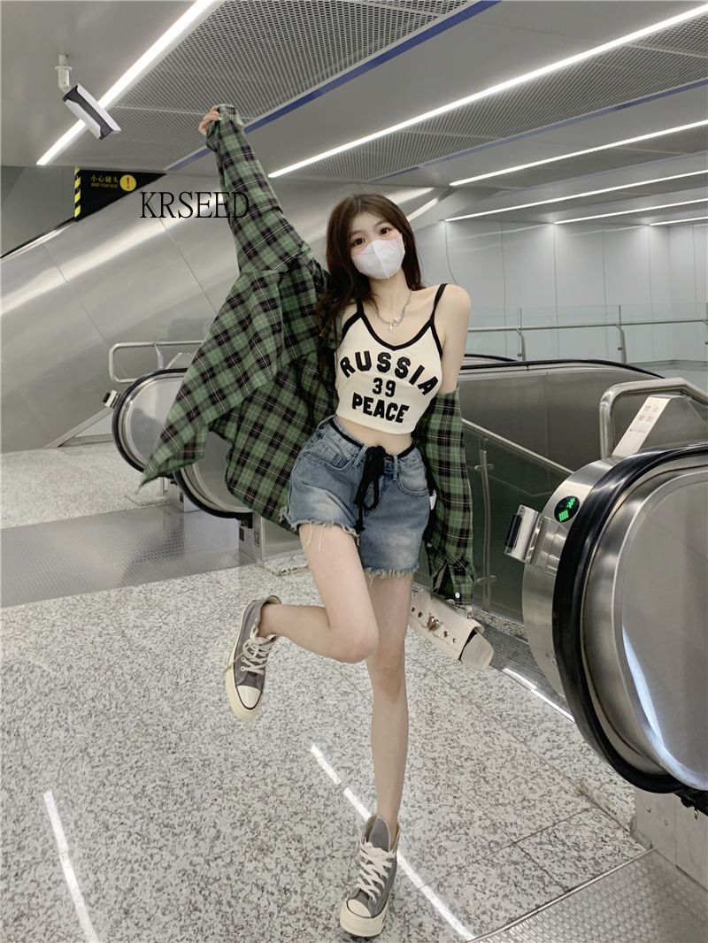KRSEED復古綠色格子襯衫長袖防曬襯衣外套春秋季寬鬆休閒上衣女夏