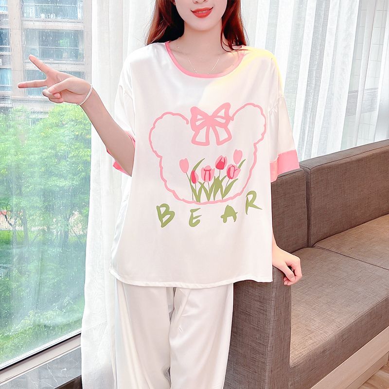 Ice silk panda pajamas women's summer thin silk cool feeling three-piece suit short-sleeved trousers spring and autumn silk home clothes