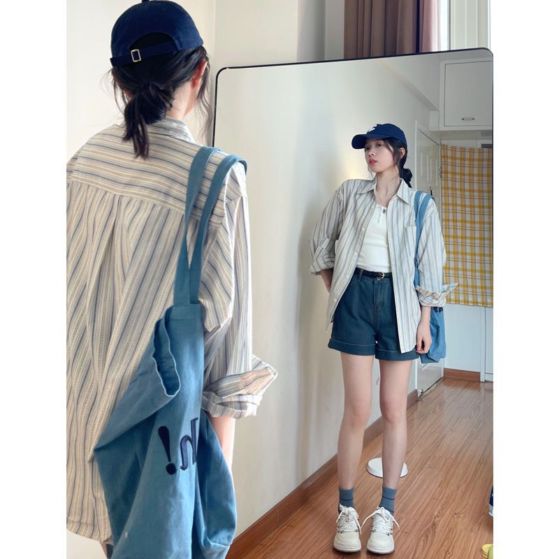長袖襯衫女2023新款設計感小眾藍色條紋法式上衣夏季防曬襯衣外套