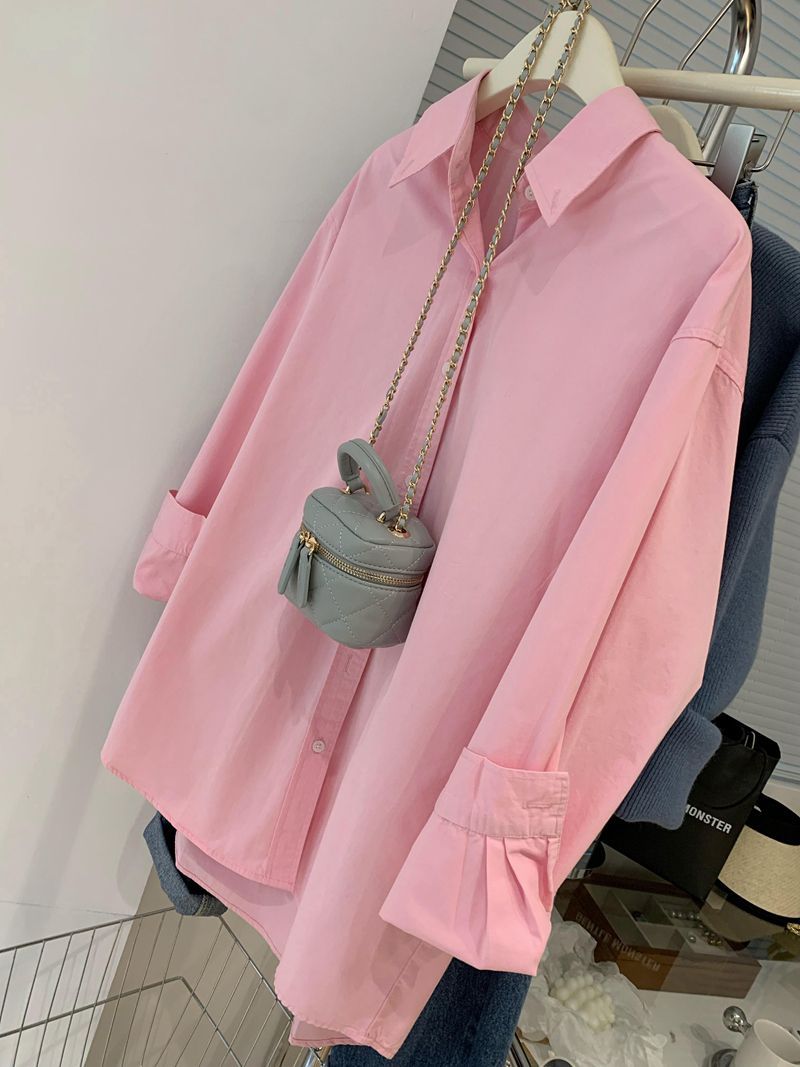 Pink cotton and linen shirt women's summer design niche French chic shirt petite sun protection long-sleeved top