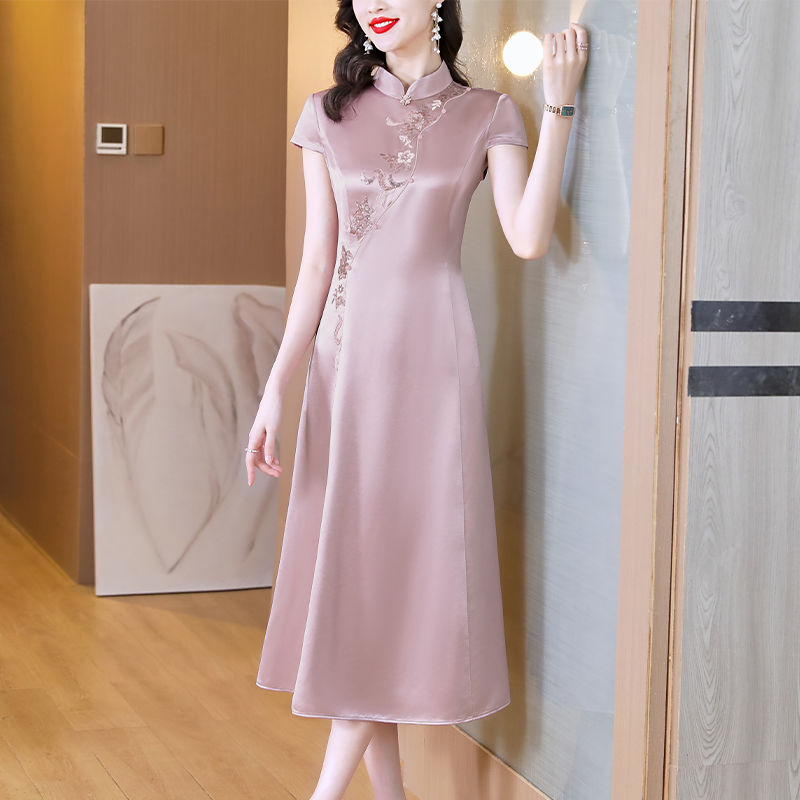  spring and summer new acetic acid embroidery improved cheongsam slimming dress female hi mother-in-law toasting dress