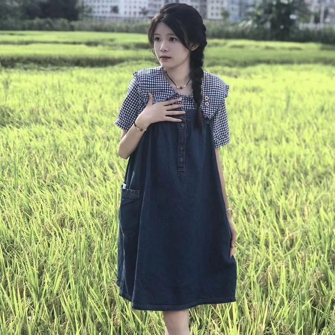 兩件套裝鹽系森女裝格子條紋拼接襯衣牛仔吊帶直筒裙子連衣裙女潮