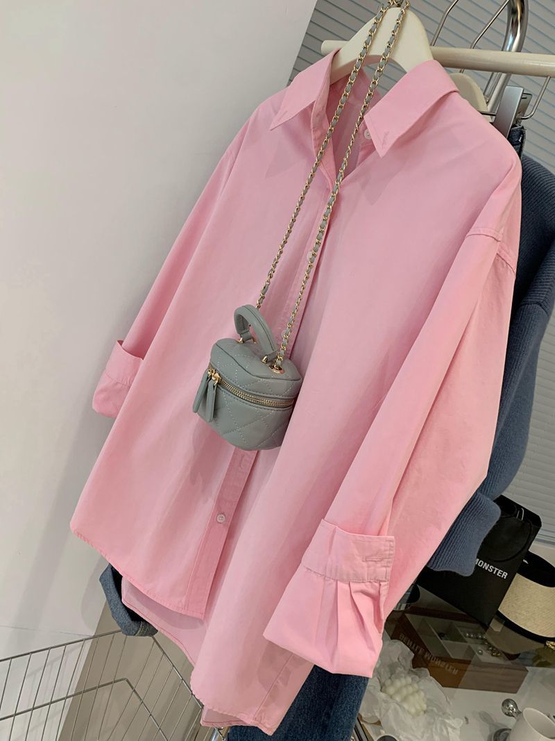 Pink cotton and linen shirt women's summer summer design sense niche French chic shirt small sunscreen long-sleeved top