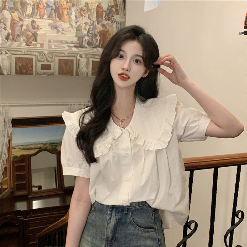 設計感小眾娃娃領溫柔白襯衫女夏季新款減齡短袖衣服寬鬆法式上衣