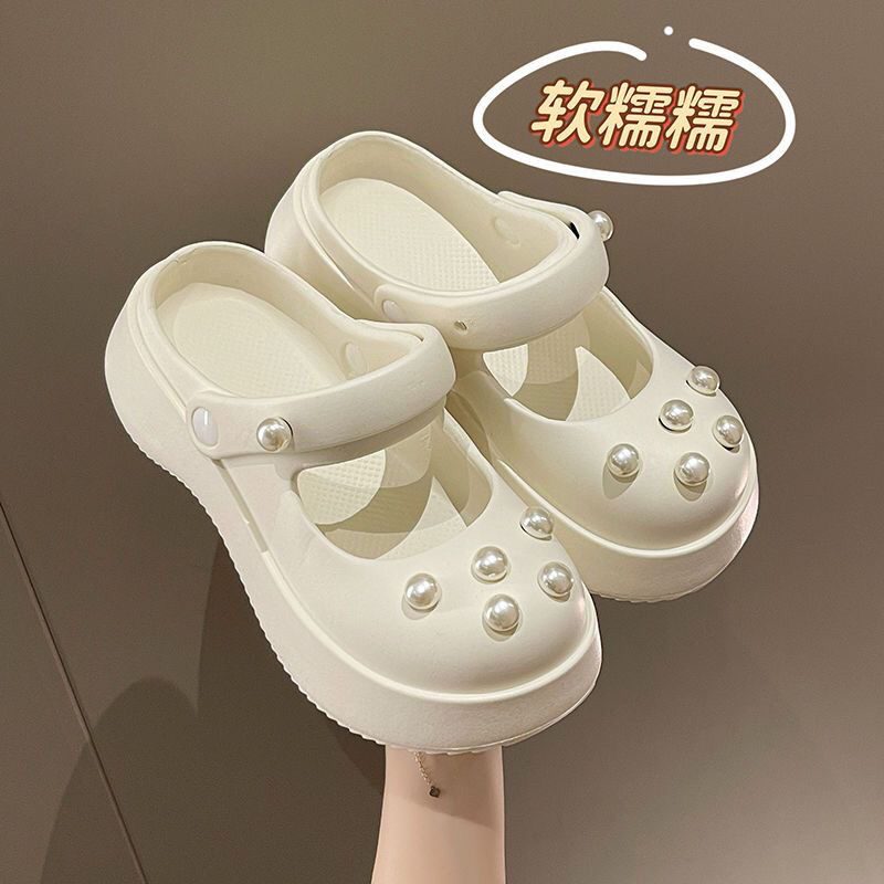 爆款包頭洞洞鞋女夏2023新款時尚厚底珍珠瑪麗珍半拖鞋外穿涼鞋女