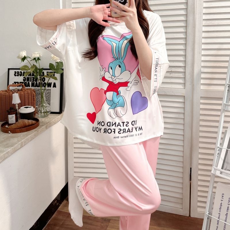Three-piece pajamas women's ice silk  summer thin section high-quality large-size loose silk can be worn outside home clothes