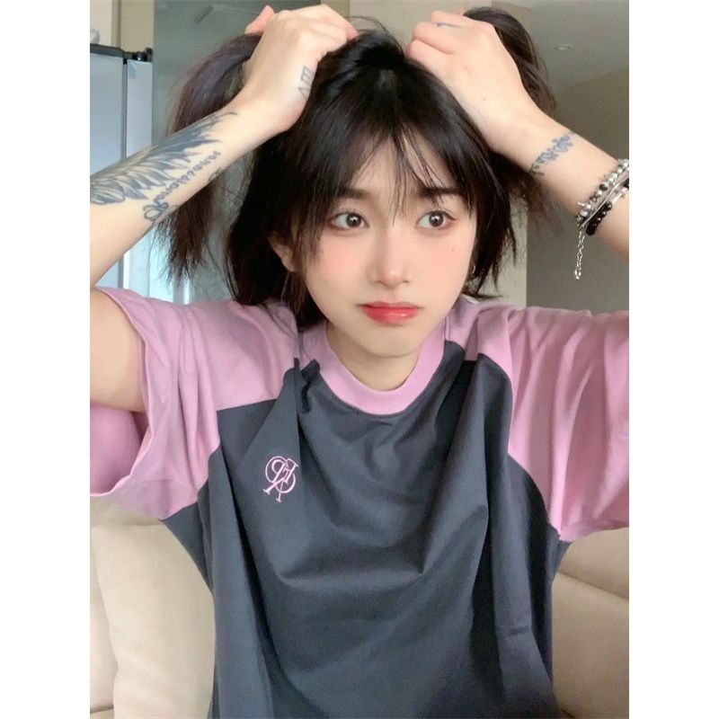 100% cotton raglan sleeves embroidery splicing short-sleeved T-shirt women's casual salt line loose summer national tide brand top clothes