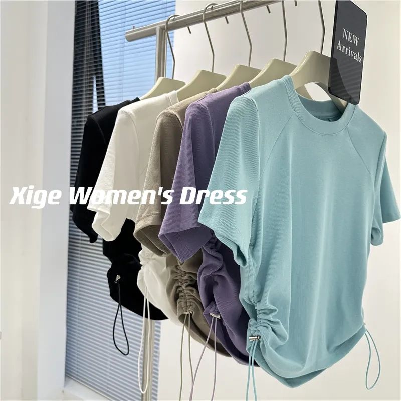 Korean version of the letter embroidery front shoulder short-sleeved t-shirt women's design sense drawstring waist slimming all-match round neck bottoming top