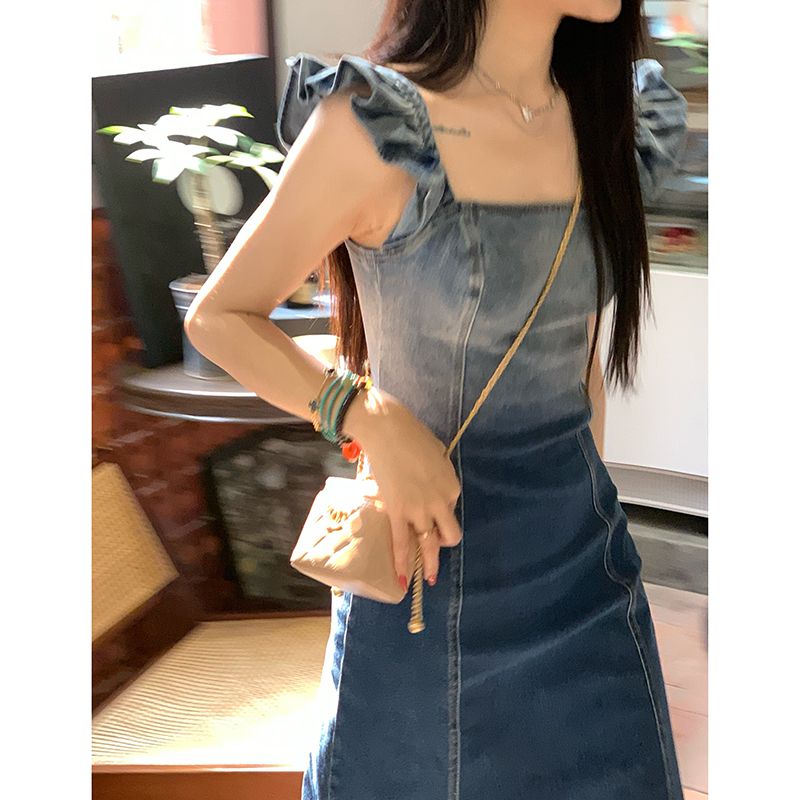 French small flying sleeves gradient denim dress women's summer design sense niche texture high-end suspenders long skirt