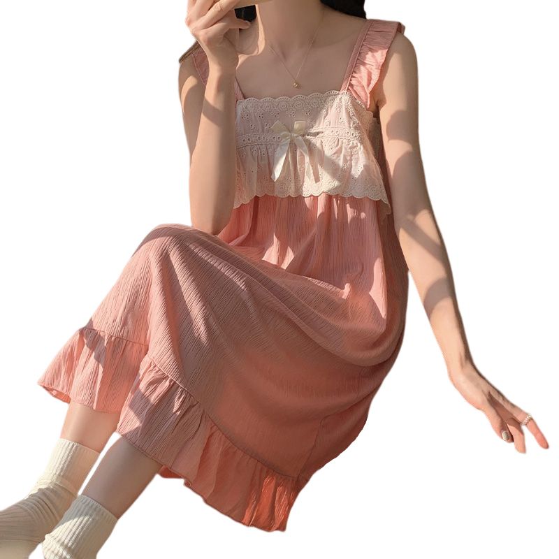 New cotton sling nightdress female summer mid-length ins vest sweet home service princess wind pajama dress