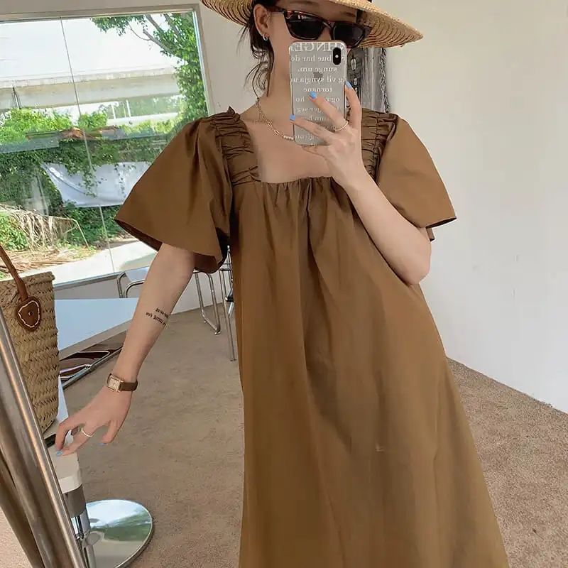 Square collar dress women's summer 20223 holiday style wood ear side tie mid-length loose short-sleeved skirt women