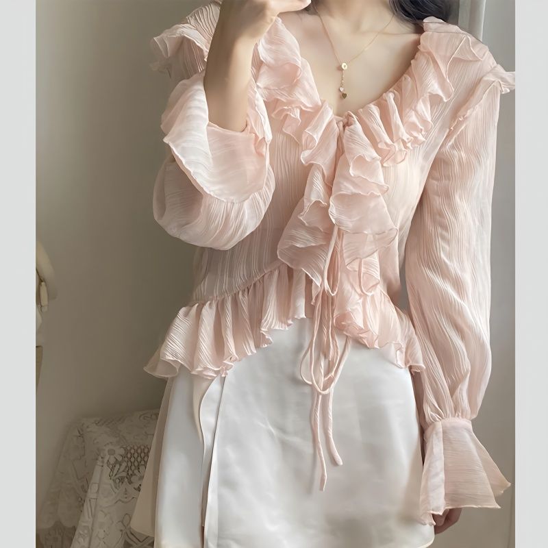 冰絲雪紡防曬衣女襯衫女設計感夏季新款荷葉邊開衫V領披肩上衣潮