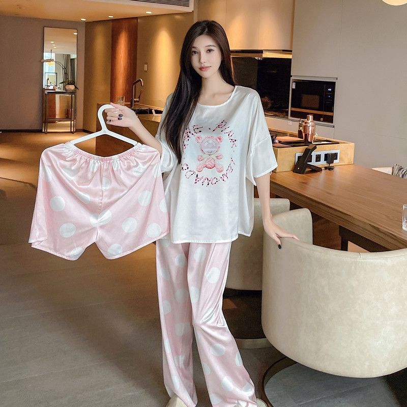 Summer three-piece ice silk pajamas women's short-sleeved sweet high-quality thin section can be worn outside in summer home service suit