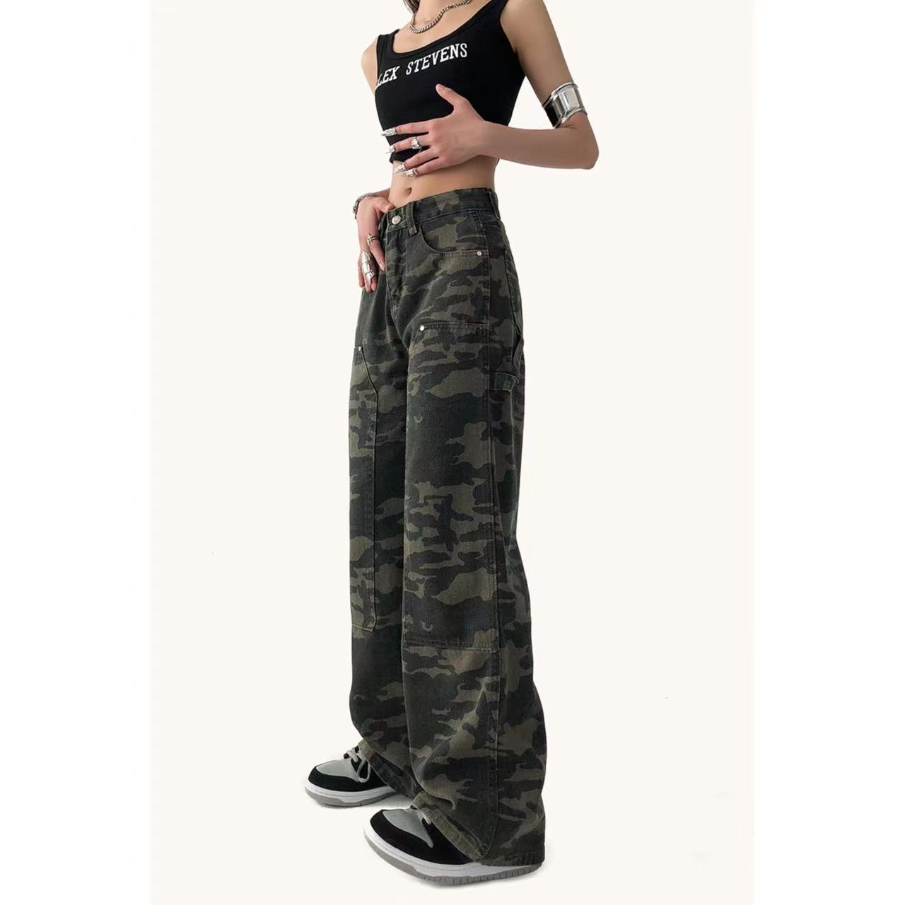 American retro camouflage pants hip-hop high street hiphop street wide-leg overalls jeans female European and American mopping pants