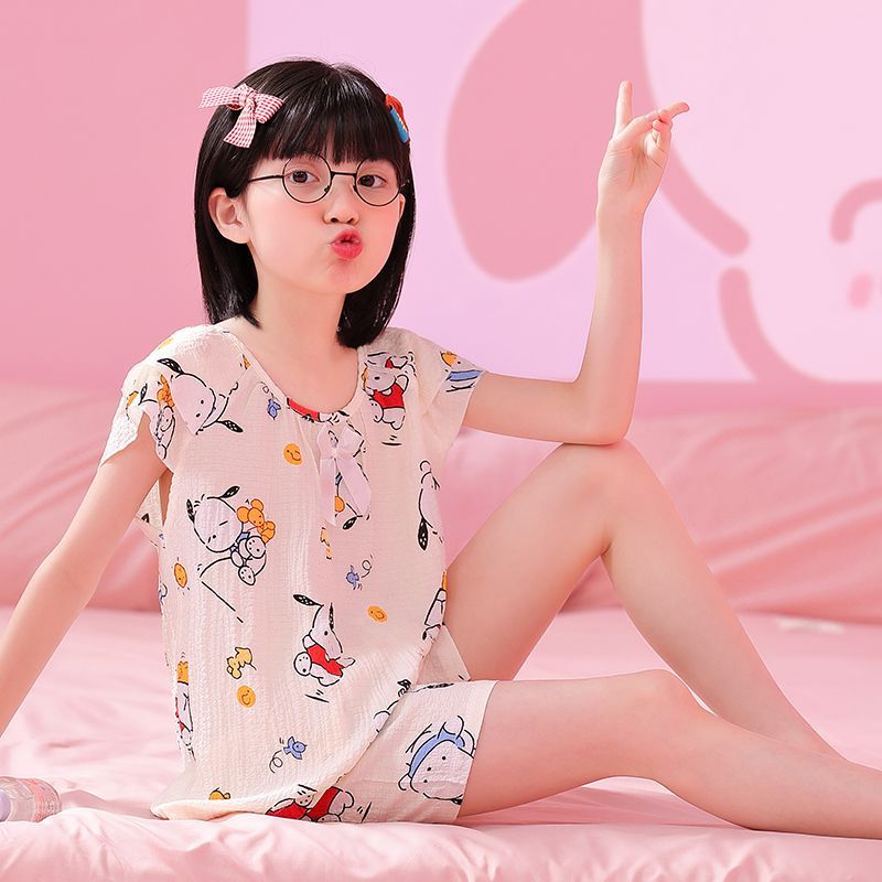 女童睡衣兒童女孩夏季短袖泡泡皺棉寶寶小孩中大童薄款家居服套裝